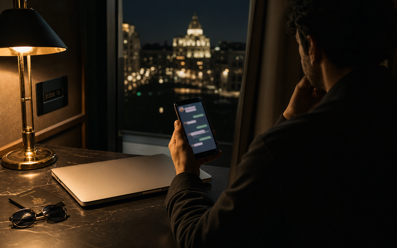 Suspicious remote offer message on a phone in Madrid hotel room